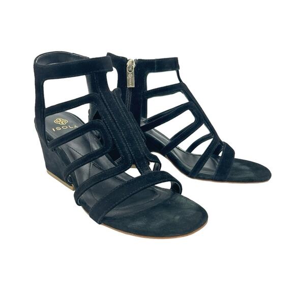 Isola Lina Cage Sandals Womens Size 8.5 Black Suede Side Zip Sculpted Heel Edgy - Picture 2 of 9